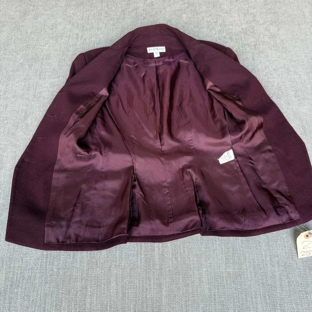 Bebe Two-Piece Suit Set Blazer & Skirt Womens 2 Burgundy Wool Single Breasted